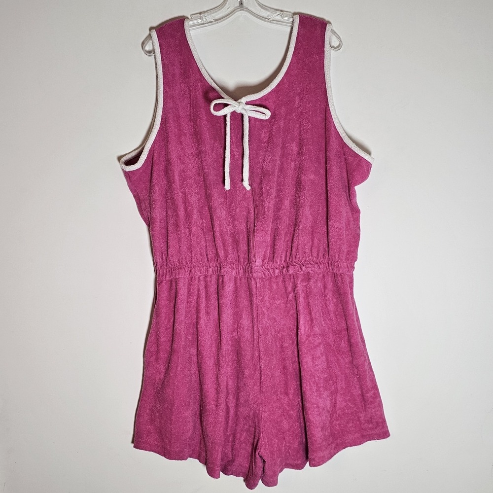 VTG Terry Cloth Granada Romper Womens 3XL Pink White Short Beach Jumsuit 70s